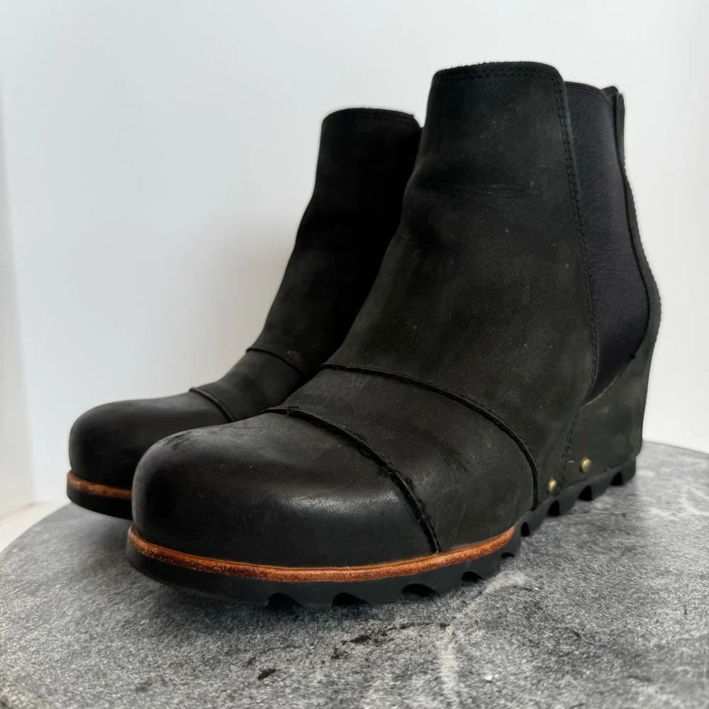 Sorel Black Leather Lea Wedge Booties Ankle Boots 8.5